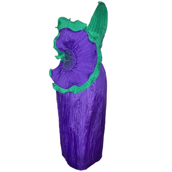 S 4 VTG 80’s BB Collections Purple Green Ruffle Formal One Shoulder Party Dress - Picture 1 of 9